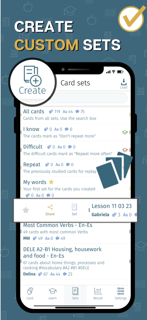 MemoWord mobile app interface showing a list of custom vocabulary card sets for language learning
