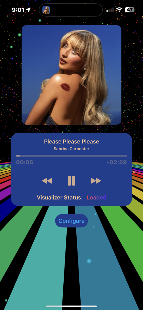 Spatial Music Visualizer - Interface of the Spatial Music Visualizer app playing Please Please Please by Sabrina Carpenter with a space and colorful line background