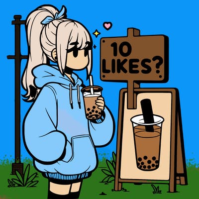 girl with oversized hoodie drinking boba and she has a high ponytail with a sign that says 10likes?