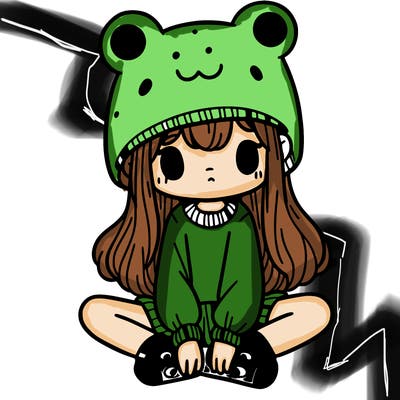 a girl wearing a frog hat and some frog socks