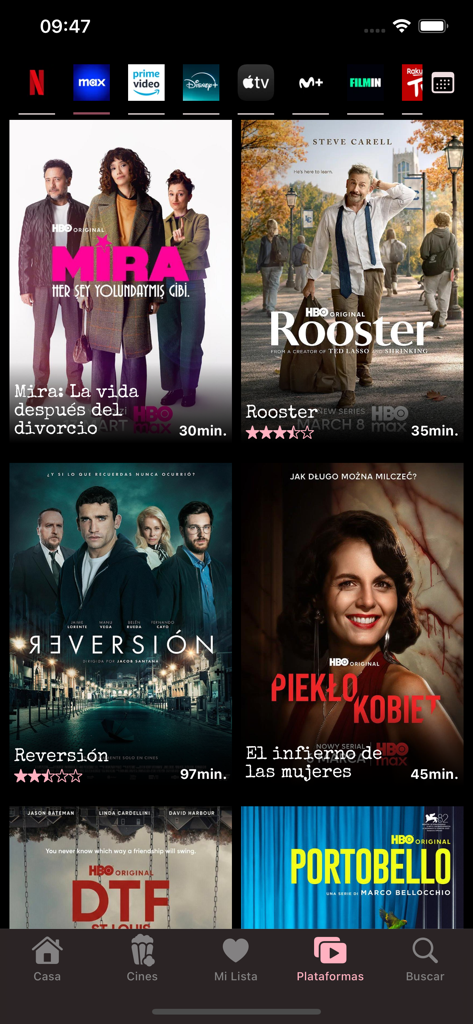 Pelis del Día - Interfaz de la aplicación Pelis del Día que muestra películas disponibles en plataformas de streaming como HBO Max y Netflix