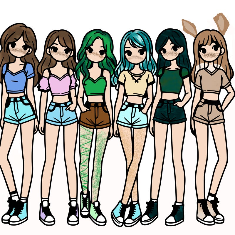 a group of girls wearing crop tops and shorts