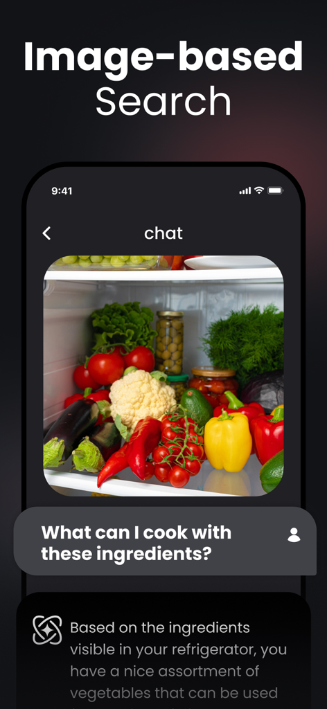 Tela de smartphone mostrando o aplicativo Chat and Ask AI usando a pesquisa de imagens para identificar ingredientes da geladeira e sugerir receitas