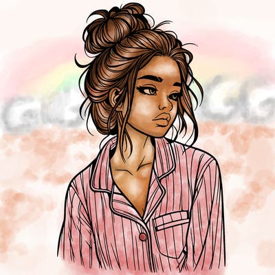 realistic woman with pajamas on and a messy bun