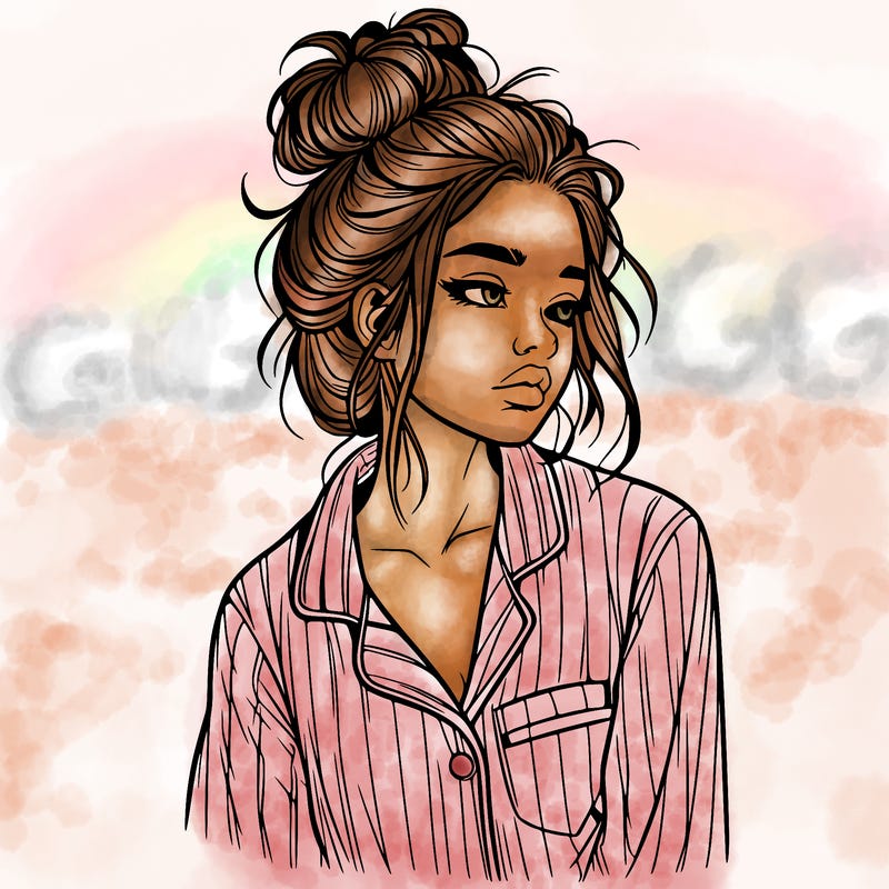 realistic woman with pajamas on and a messy bun