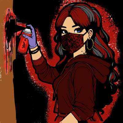 realistic girl with mask spray painting a wall