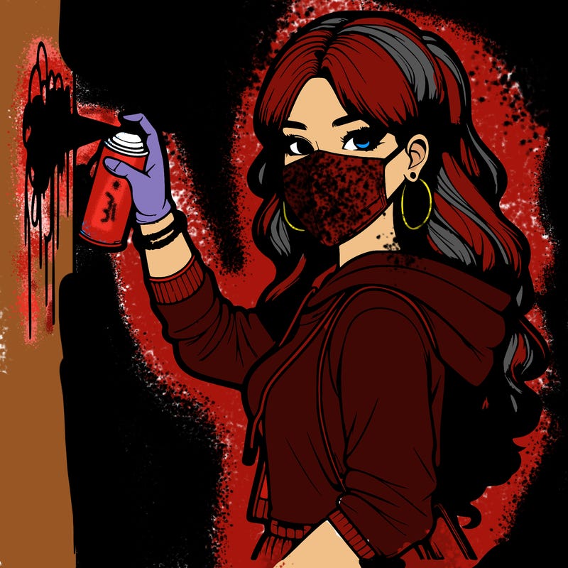 realistic girl with mask spray painting a wall