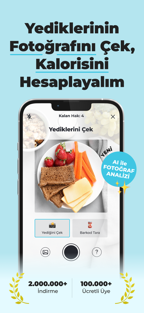 Interface do aplicativo móvel Diyetkolik mostrando análise de fotos de alimentos por IA para contagem de calorias