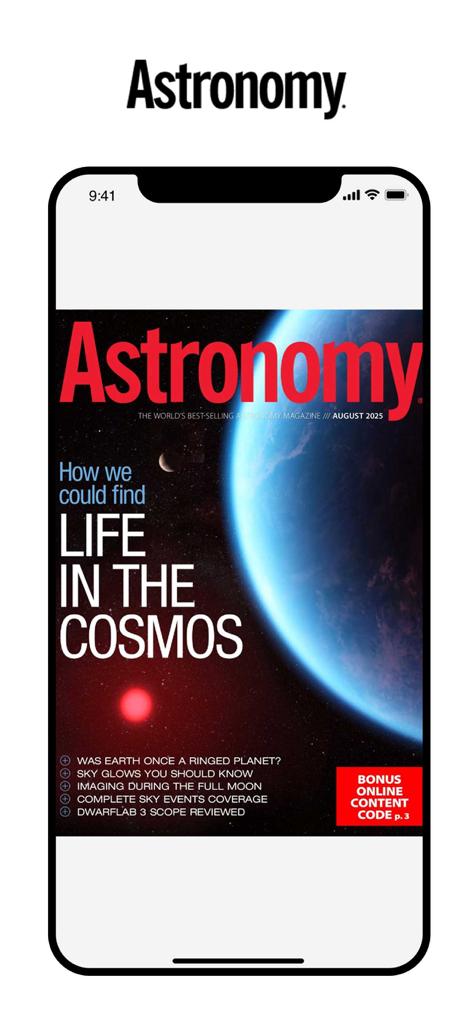 Astronomy Magazine - A smartphone displaying the cover of Astronomy Magazine with the title Life in the Cosmos.