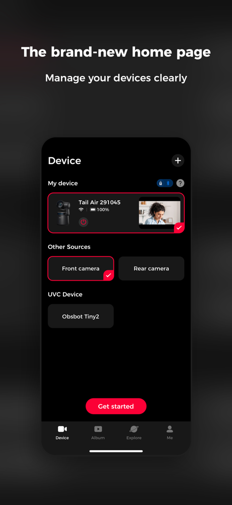 Obsbot Live - Obsbot Live app home page showing a dashboard to manage multiple cameras like Tail Air and Tiny2 for live streaming.