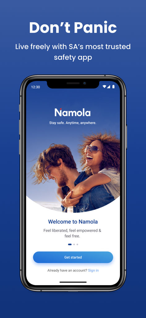 Namola personal safety app welcome screen on a smartphone showing a happy couple and the get started button.