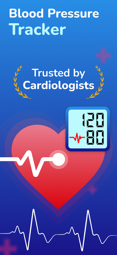 Blood Pressure Tracker + - Pantalla de la aplicación Rastreador de Presión Arterial con una insignia de 'confiable para cardiólogos' y un gráfico de monitor de salud cardíaca