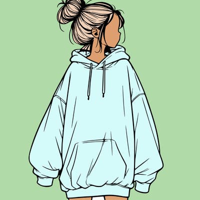realistic girl with a oversized sweatshirt on and a bun