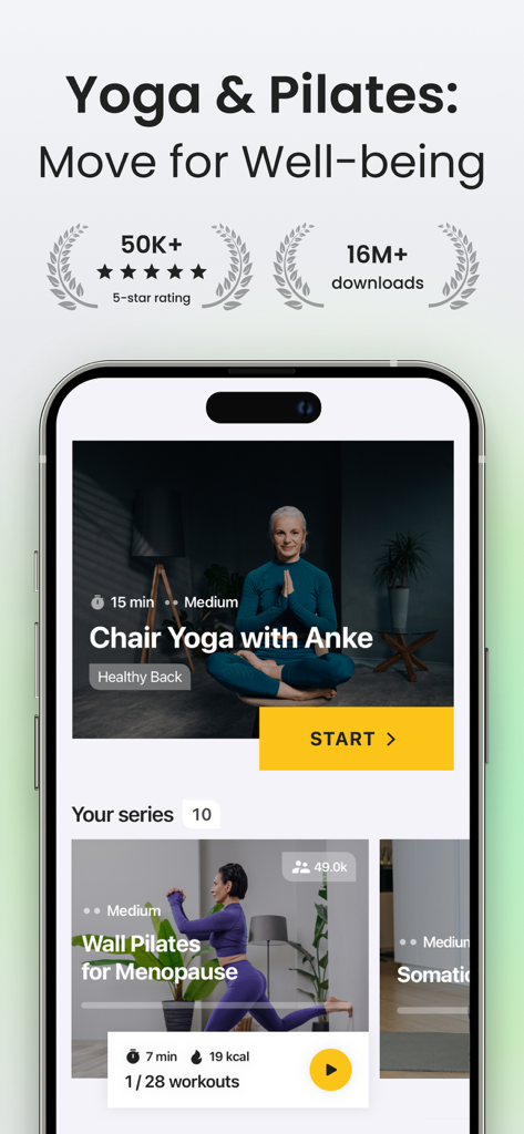 Yoga-Go app interface showing Wall Pilates and Chair Yoga workout options for women