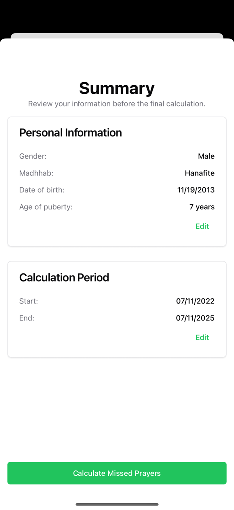 Qadaa Prayer Calculator - Qadaa 기도 계산기 앱의 요약 화면으로, 개인 정보와 선택한 계산 기간을 표시합니다.