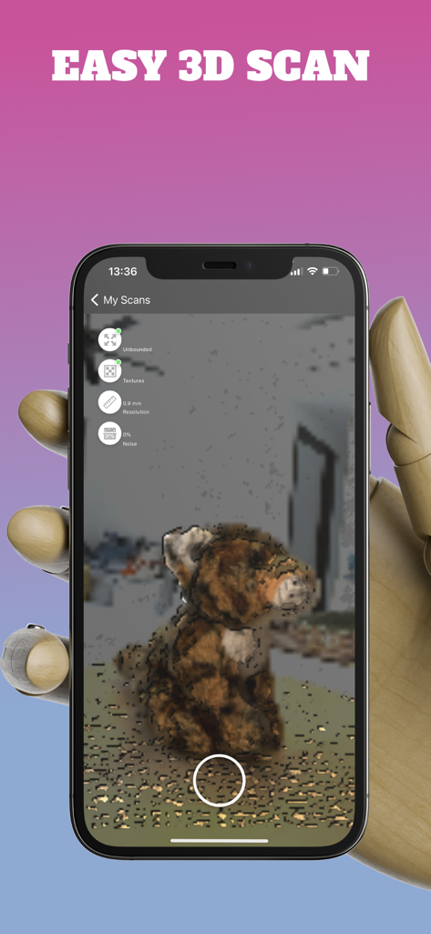 Interfaccia dell'App Scanner 3D su un iPhone che cattura una scansione 3D di un peluche