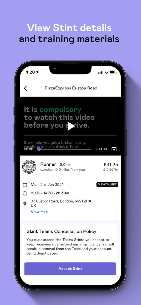 Mobile app interface displaying shift details for a runner position including training video and acceptance button