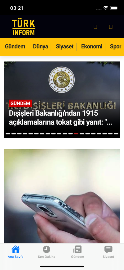 TURKINFORM - Interface of the TURKINFORM app showing Turkish news categories and breaking news about the Ministry of Foreign Affairs.