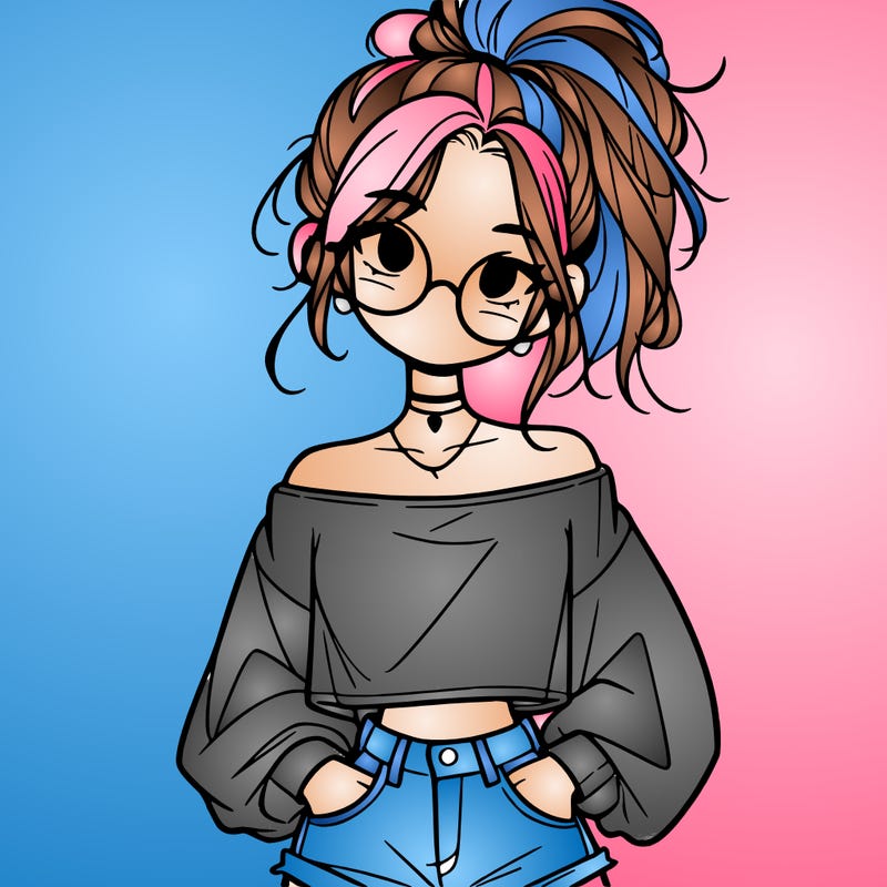 girl with a messy ponytail glasses a baggy crop top and jean shorts