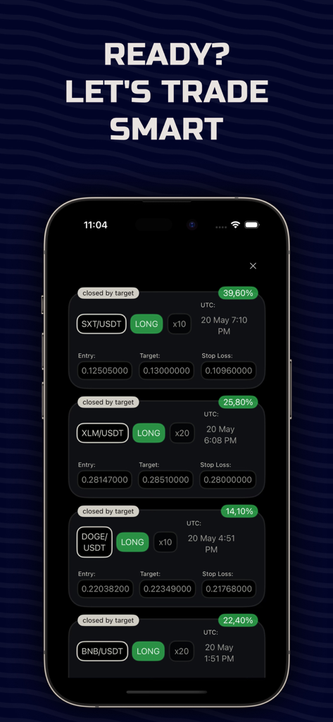 Mobile app interface displaying a history of successful crypto trading signals with profit percentages for SXT XLM DOGE and BNB