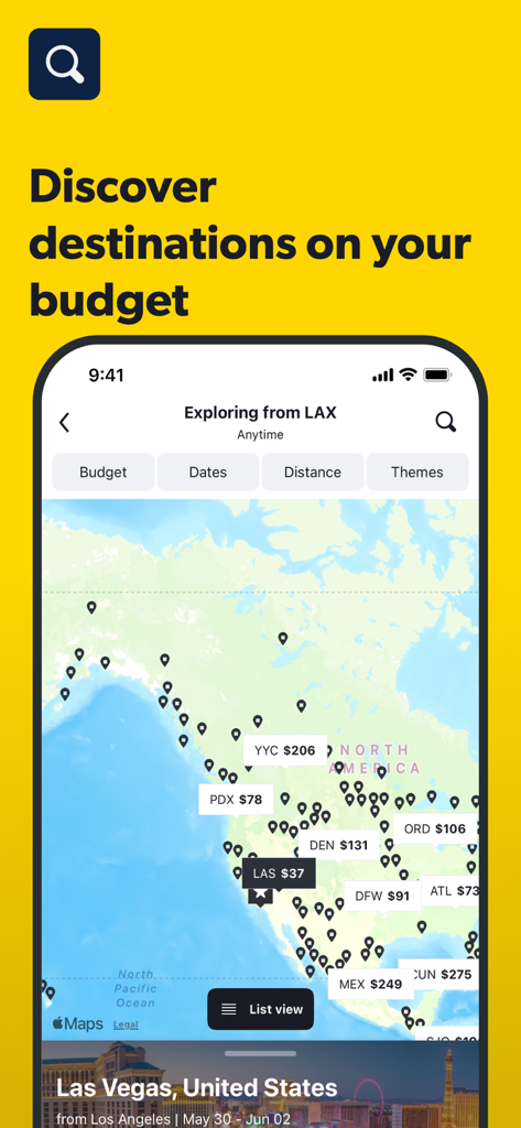 Cheapflights: Flights & Hotels - Cheapflights app screen showing a map of flight prices to different destinations from Los Angeles