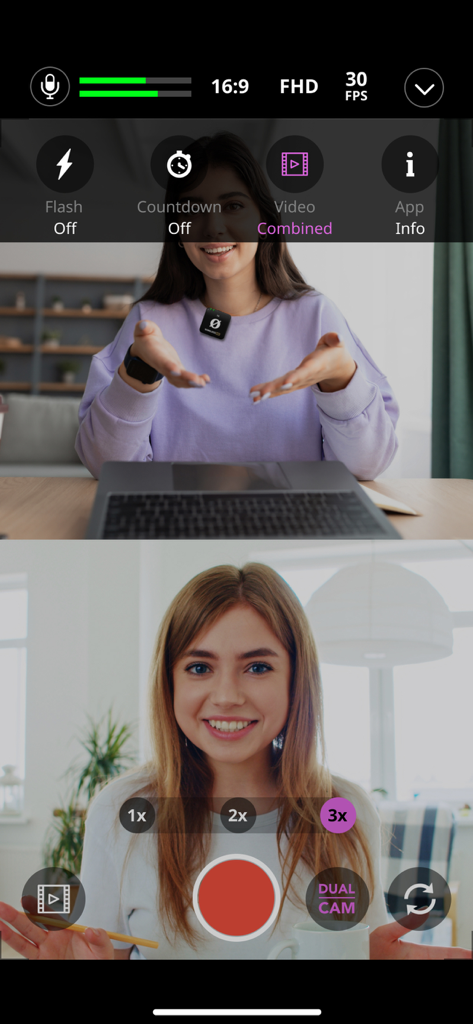 RØDE Capture - Interface de l'application RODE Capture montrant un mode d'enregistrement double caméra en écran partagé pour la création de contenu mobile