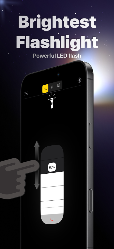 Smart Torch MultiTool - Interface de Smart Torch MultiTool montrant un curseur de contrôle de luminosité et une option de flash LED