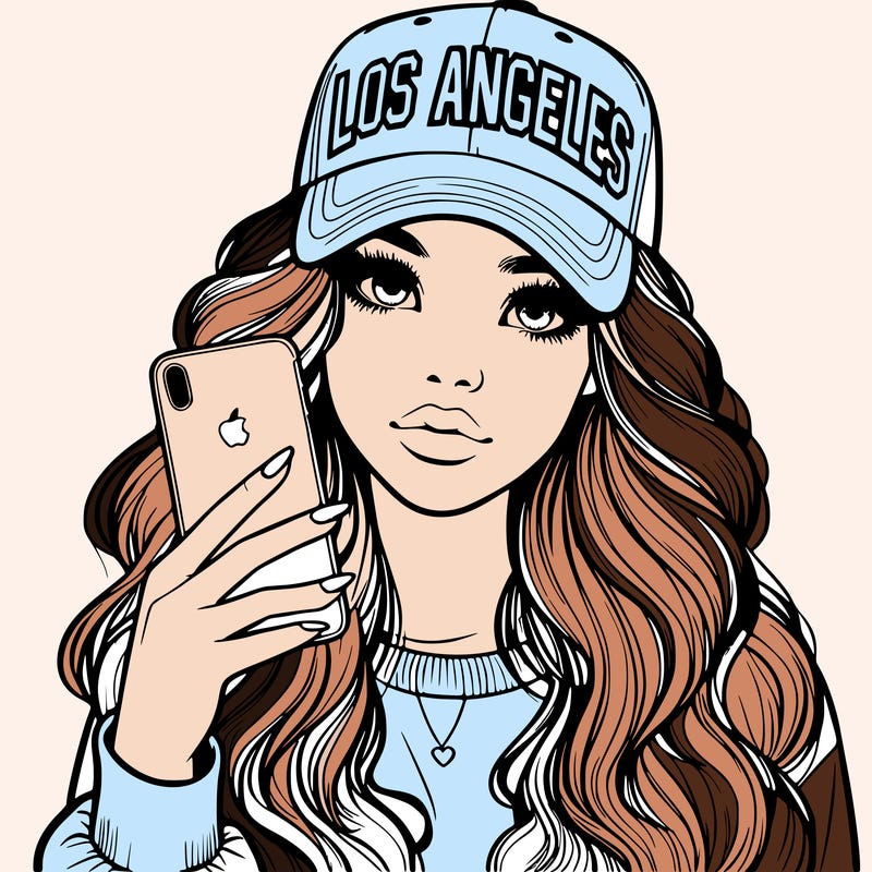 realistic beautiful girl wearing los ángeles cap holding an iphone