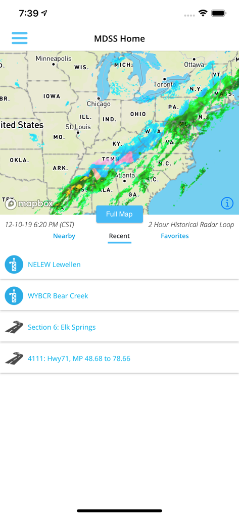 MDSS mobile app home screen showing a historical weather radar map and a list of monitored road sections and stations