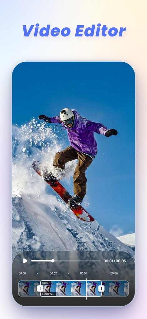 VikPea - AI Video Enhancer - Interface de l'éditeur vidéo VikPea montrant un clip de snowboard sur une chronologie.