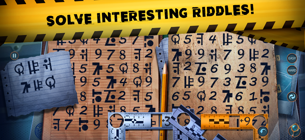 A detective game logic puzzle showing a symbol-based cipher on aged notebook paper