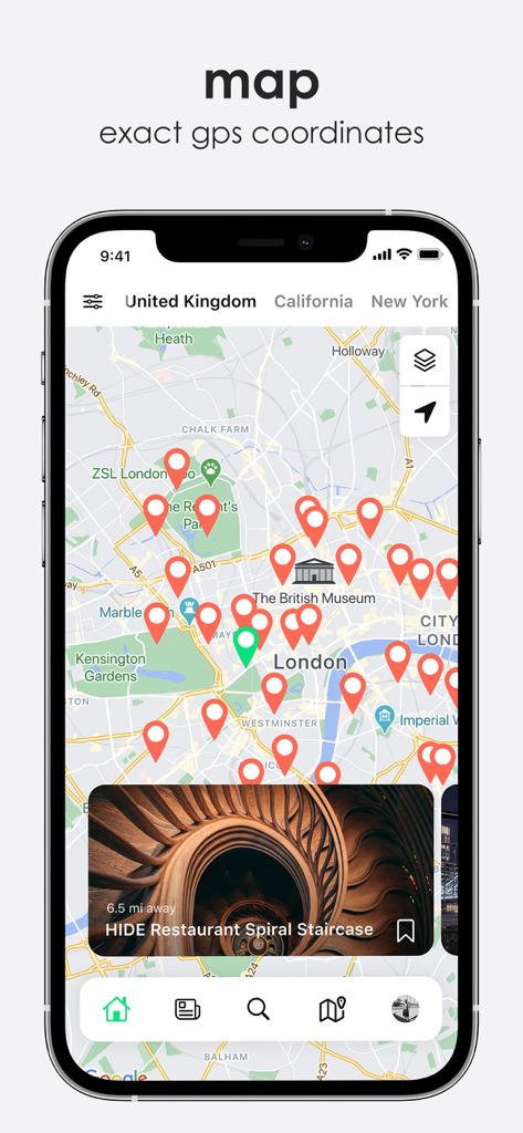 Map view of the Explorest app displaying photography location pins in London with exact GPS coordinates.