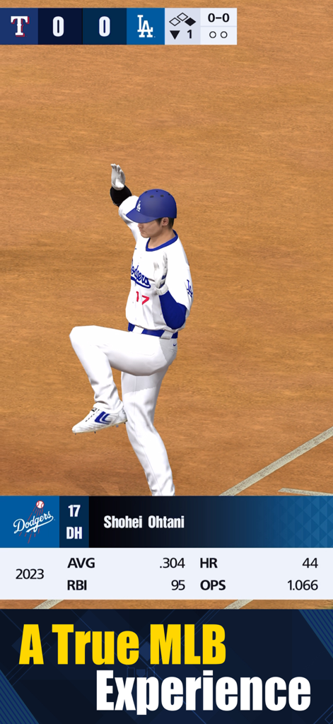 Captura de pantalla de juego de Shohei Ohtani con estadísticas de la temporada 2023 en MLB PRO SPIRIT