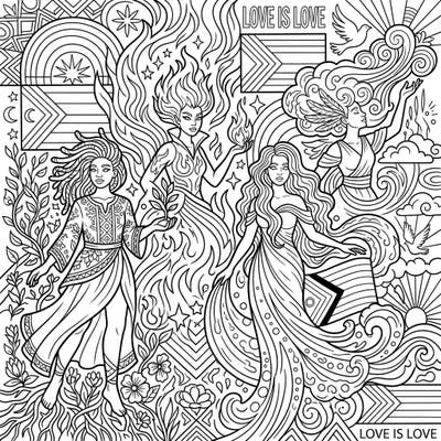 Unleash your creativity with this enchanting coloring page featuring four powerful Elemental Witches celebrating Pride Month. Discover intricate details and symbols of unity, love, and diversity waiting for your vibrant colors.