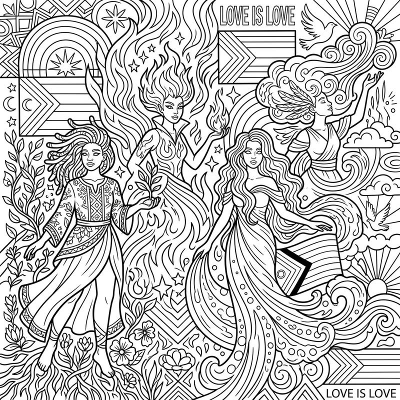 Unleash your creativity with this enchanting coloring page featuring four powerful Elemental Witches celebrating Pride Month. Discover intricate details and symbols of unity, love, and diversity waiting for your vibrant colors.