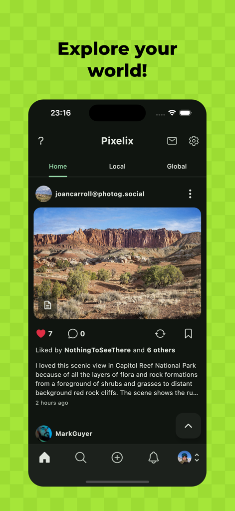 Pixelix - A Pixelfed Client - Pixelix app home screen showing a landscape photo of Capitol Reef National Park on a Pixelfed social feed.