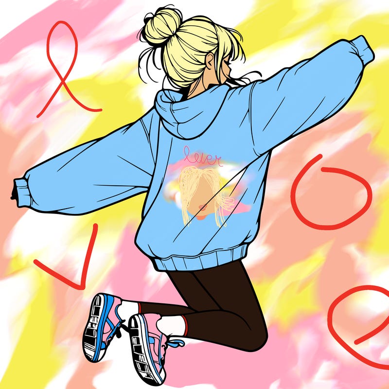 realistic girl jumping with a bun and oversized sweatshirt