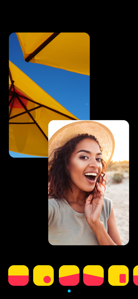 Ein Dual-View-Bildschirm, der eine Frau im Vordergrund zeigt, die im Hintergrund mit der Double Camera App reagiert, und gelbe Sonnenschirme.