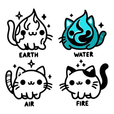 4 cats that represent the different elements, earth, water, air, and fire