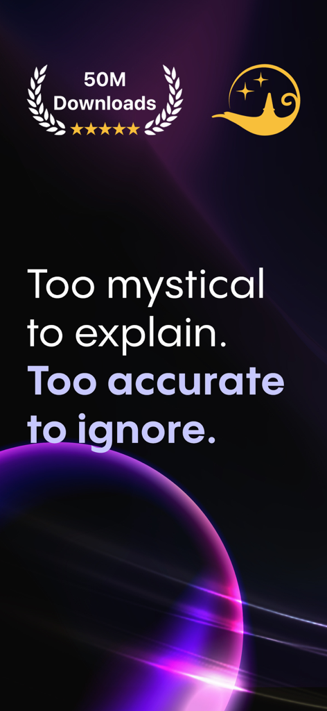 Faladdin Tarot and Horoscopes app splash screen showing 50 million downloads and five star rating