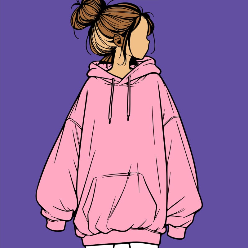 realistic girl with a oversized sweatshirt on and a bun