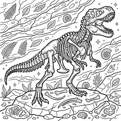 Dive into a prehistoric world with this thrilling dinosaur skeleton coloring page, featuring a magnificent T-Rex in a dynamic pose. Perfect for those who love paleontology and intricate designs, this template invites you to revive ancient history with your creative touch.