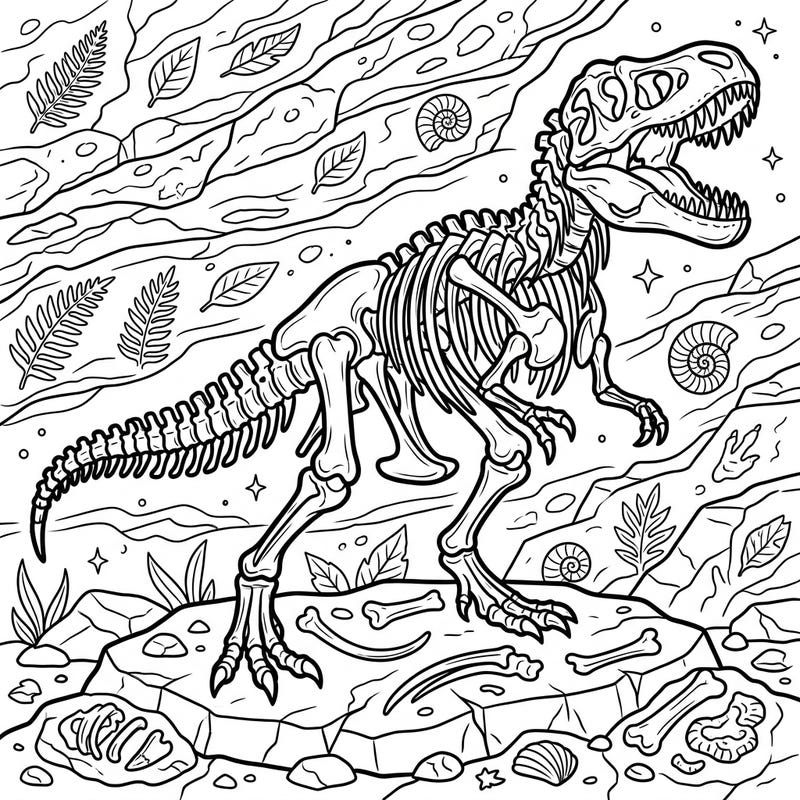 Dive into a prehistoric world with this thrilling dinosaur skeleton coloring page, featuring a magnificent T-Rex in a dynamic pose. Perfect for those who love paleontology and intricate designs, this template invites you to revive ancient history with your creative touch.