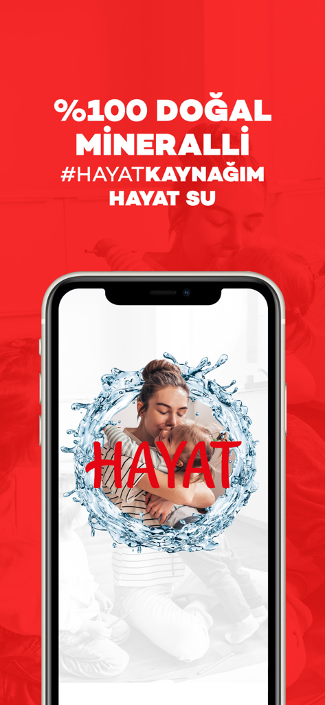 Hayat Su app welcome screen featuring a mother and child framed by a water splash on a red background