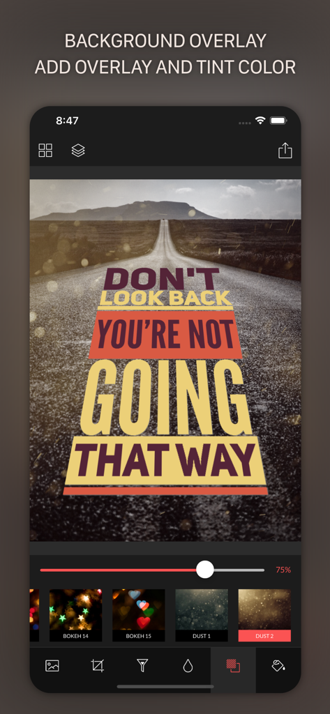 TypiMage-App-Oberfläche zeigt Hintergrund-Overlay-Effekte und einen Staubfilter auf einem inspirierenden Zitat-Poster.