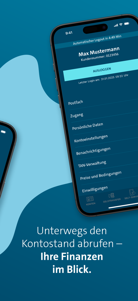 Volkswagen Bank Banking - Volkswagen Bank Mobile App Benutzerprofilmenü mit Kontoeinstellungen und persönlichen Daten auf einem iPhone-Bildschirm.