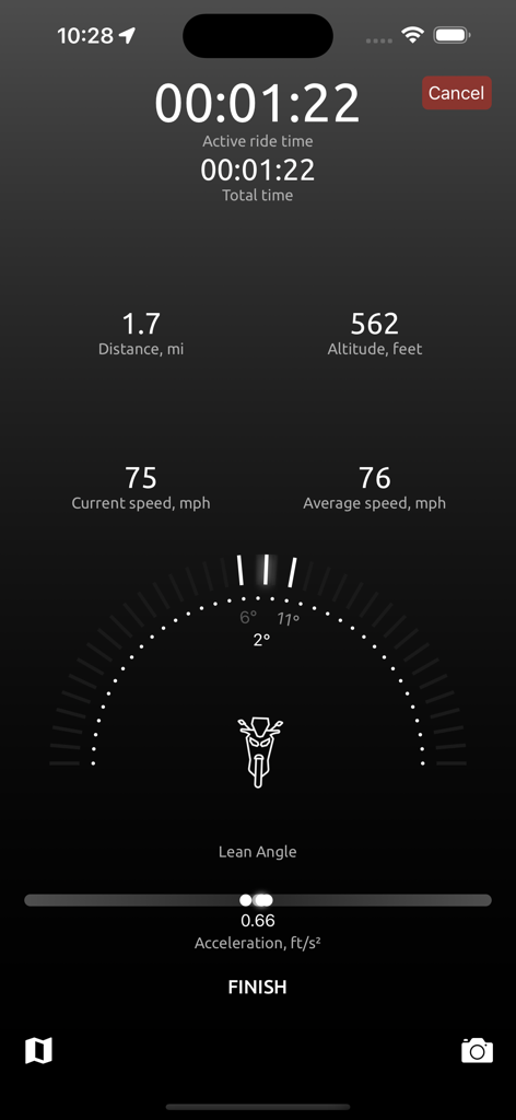 MyRide – Motorcycle Routes - Real-time motorcycle ride tracking dashboard showing lean angle and performance stats