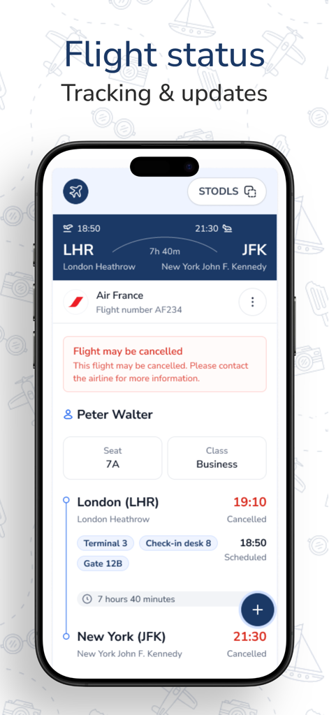 CheckMyTrip – Travel Itinerary - CheckMyTrip 앱 인터페이스에 비즈니스 여행객을 위한 실시간 항공편 상태 및 취소 업데이트가 표시됨.