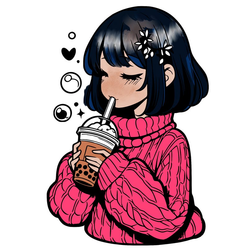 manga girl drinking boba in cozy sweater