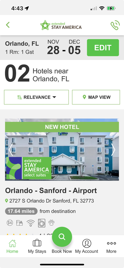 Extended Stay America - Extended Stay America mobile app search results screen showing hotel options in Orlando Florida